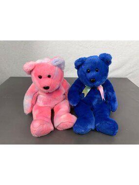 Ty Beanie Babies Clubby Bears Set Of 2 Pink & Blue Plush Collectibles With Ribbo